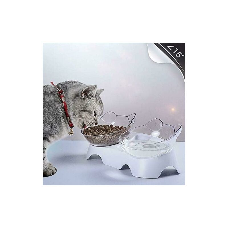 Double Cat Bowls, Orthopedic Pet Bowl Anti-vomiting, Cat Food Bowl Water Bowl Dog Bowl, Angled Cat Bowl Protects the Spine, 15° Inclined Bowl