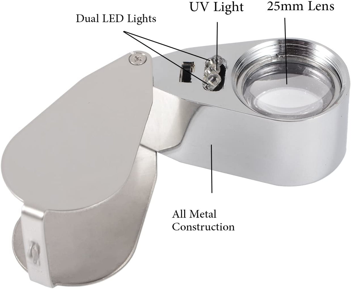 Jewelers Loupe 40X Magnification Metal Foldable Loupe with LED & UV Light