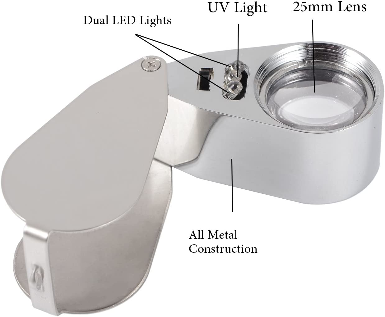 Jewelers Loupe 40X Magnification Metal Foldable Loupe with LED & UV Light