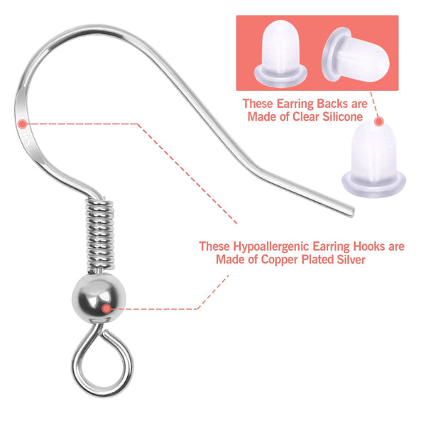 925 Silver Earring Hooks for Jewelry Making, Hypoallergenic Earring Hooks Accessories, 100 Earring Hooks, 150 Ear Plugs, SQBB