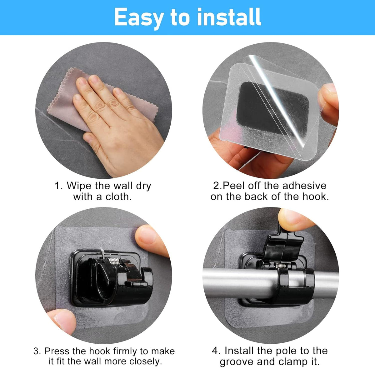 pcs Self-Adhesive Curtain Rod Holders, Nail-Free Adjustable Curtain Rod Brackets, Curtain Rod Wall Mounts (Black)