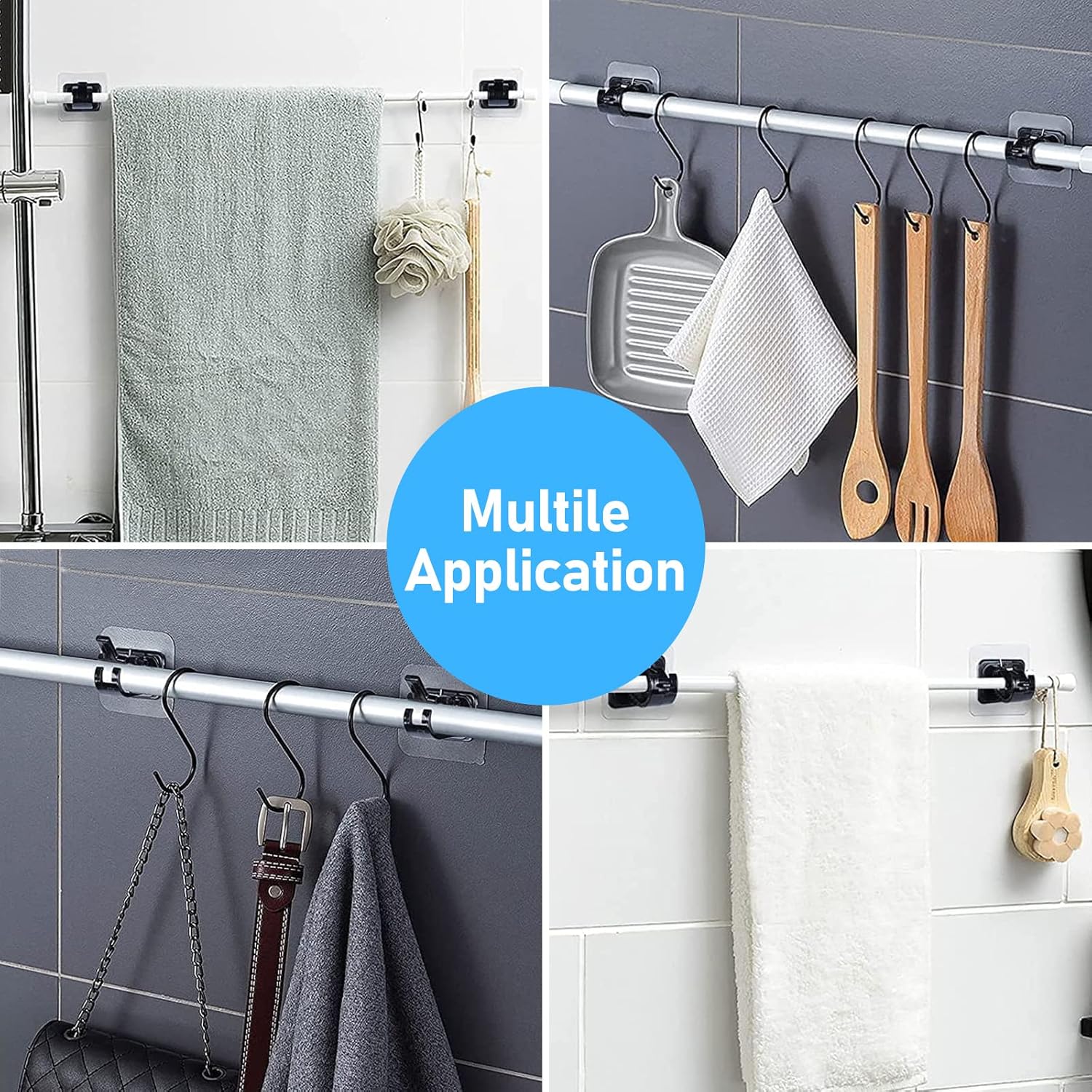 pcs Self-Adhesive Curtain Rod Holders, Nail-Free Adjustable Curtain Rod Brackets, Curtain Rod Wall Mounts (Black)