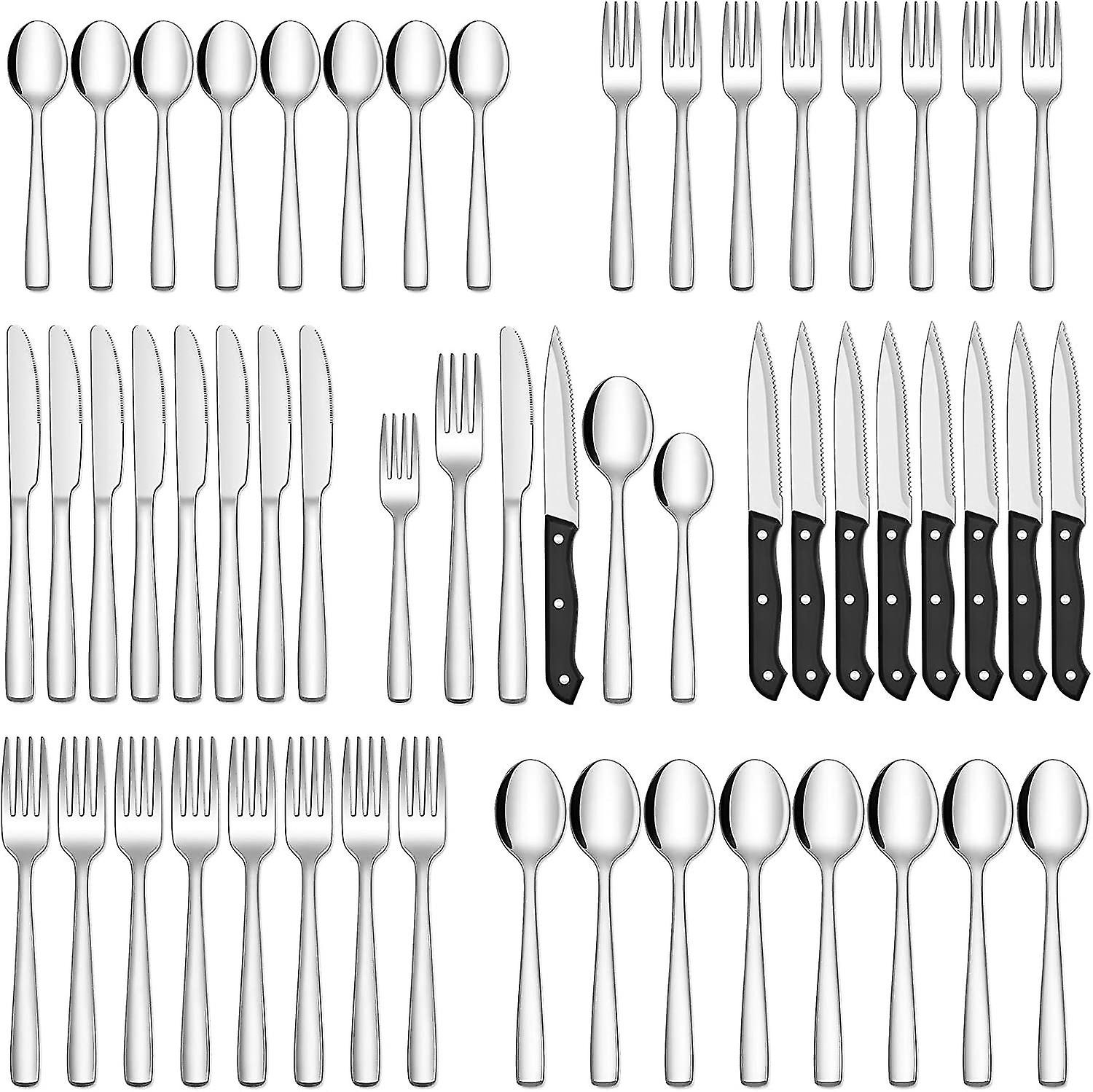Stainless Steel Cutlery Set for 8 People with Steak Knives - 48 Pieces for Home, Kitchen, Restaurant