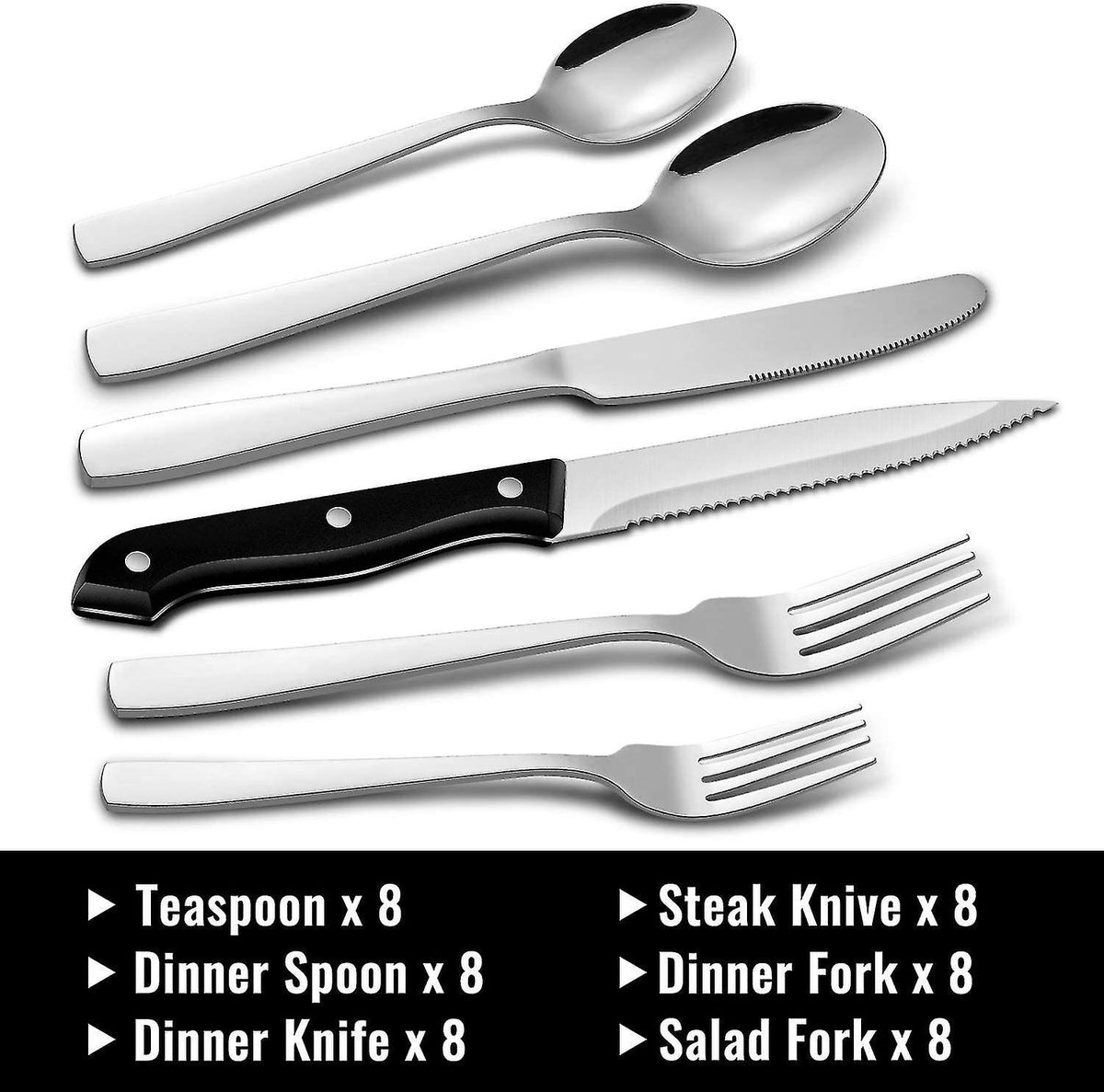 Stainless Steel Cutlery Set for 8 People with Steak Knives - 48 Pieces for Home, Kitchen, Restaurant
