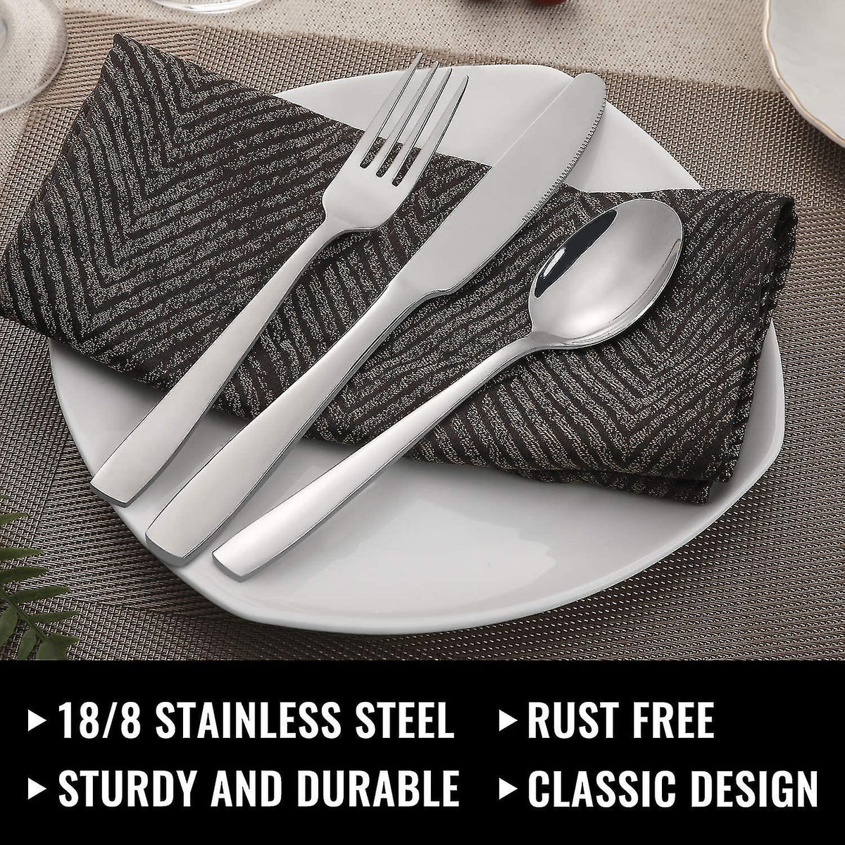 Stainless Steel Cutlery Set for 8 People with Steak Knives - 48 Pieces for Home, Kitchen, Restaurant