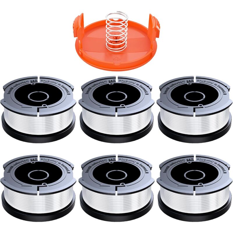 Black &amp; Decker Trimmer Replacement Spools - 6 Pieces of 1.65mm Line, 10m Each, Includes Extra Spring &amp; Cap