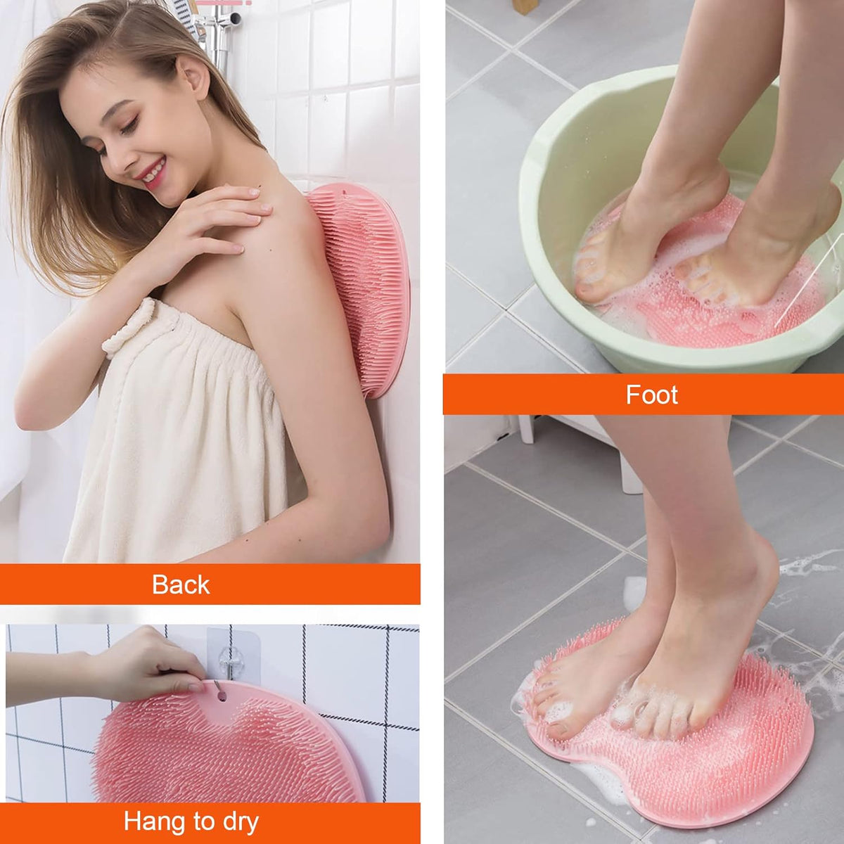 2-pack shower back and foot scrubber, wall-mounted back scrubber silicone bath massage brush with suction cups