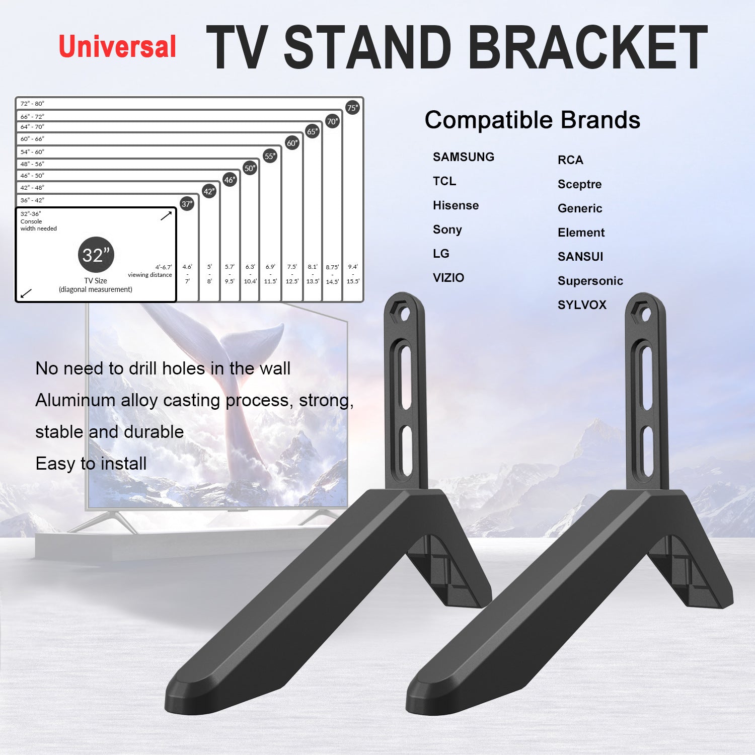 Universal TV Stand with Screws - Easy Installation - Tabletop Stand for Vizio, Samsung, LG, TCL, Hisense