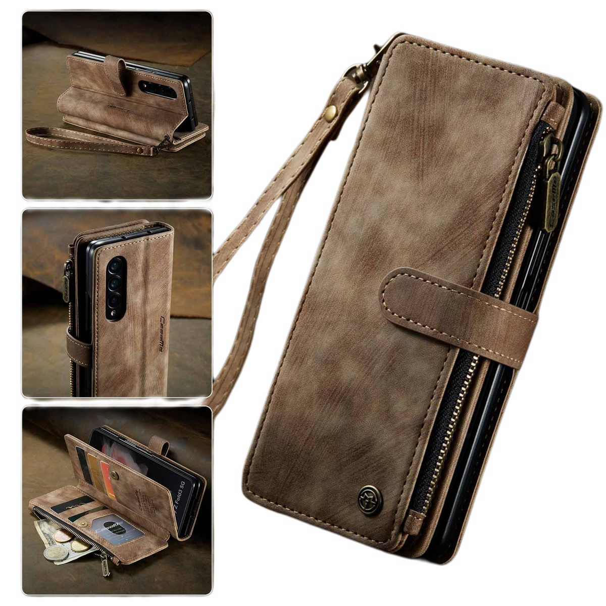 Samsung Galaxy Z Fold 3 Case - Retro Wallet with Card Slots, Magnetic Stand &amp; Strap, Compatible with Samsung
