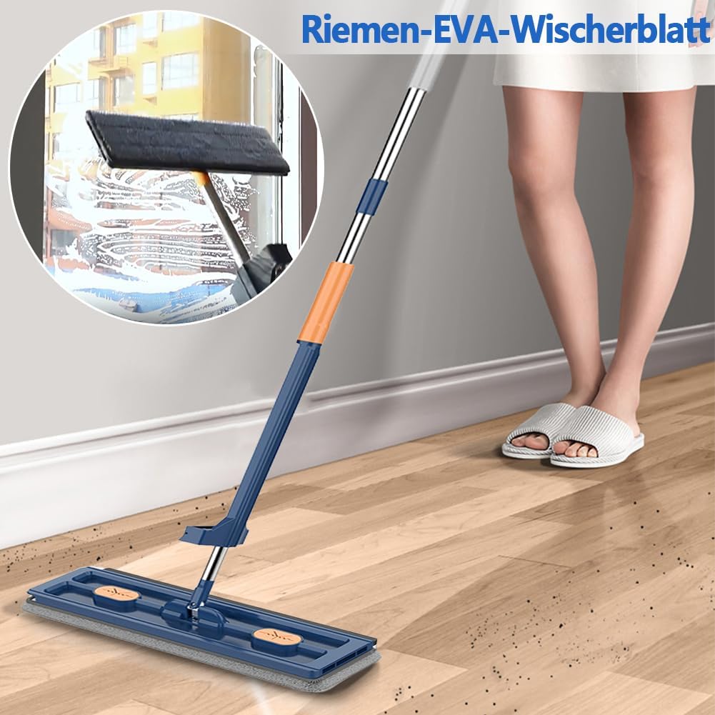 Large Flat Mop with 360° Rotatable Wringing Function, Microfiber Pads for Hardwood Blue + 2 rags