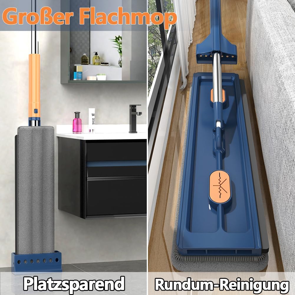 Large Flat Mop with 360° Rotatable Wringing Function, Microfiber Pads for Hardwood Blue + 2 rags