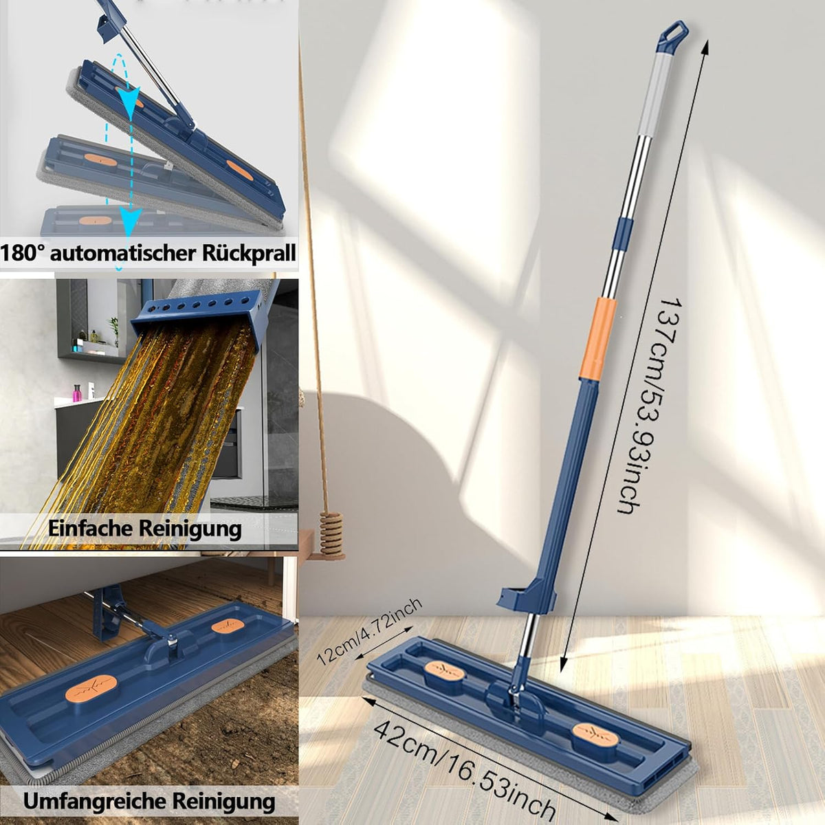Large Flat Mop with 360° Rotatable Wringing Function, Microfiber Pads for Hardwood Blue + 2 rags
