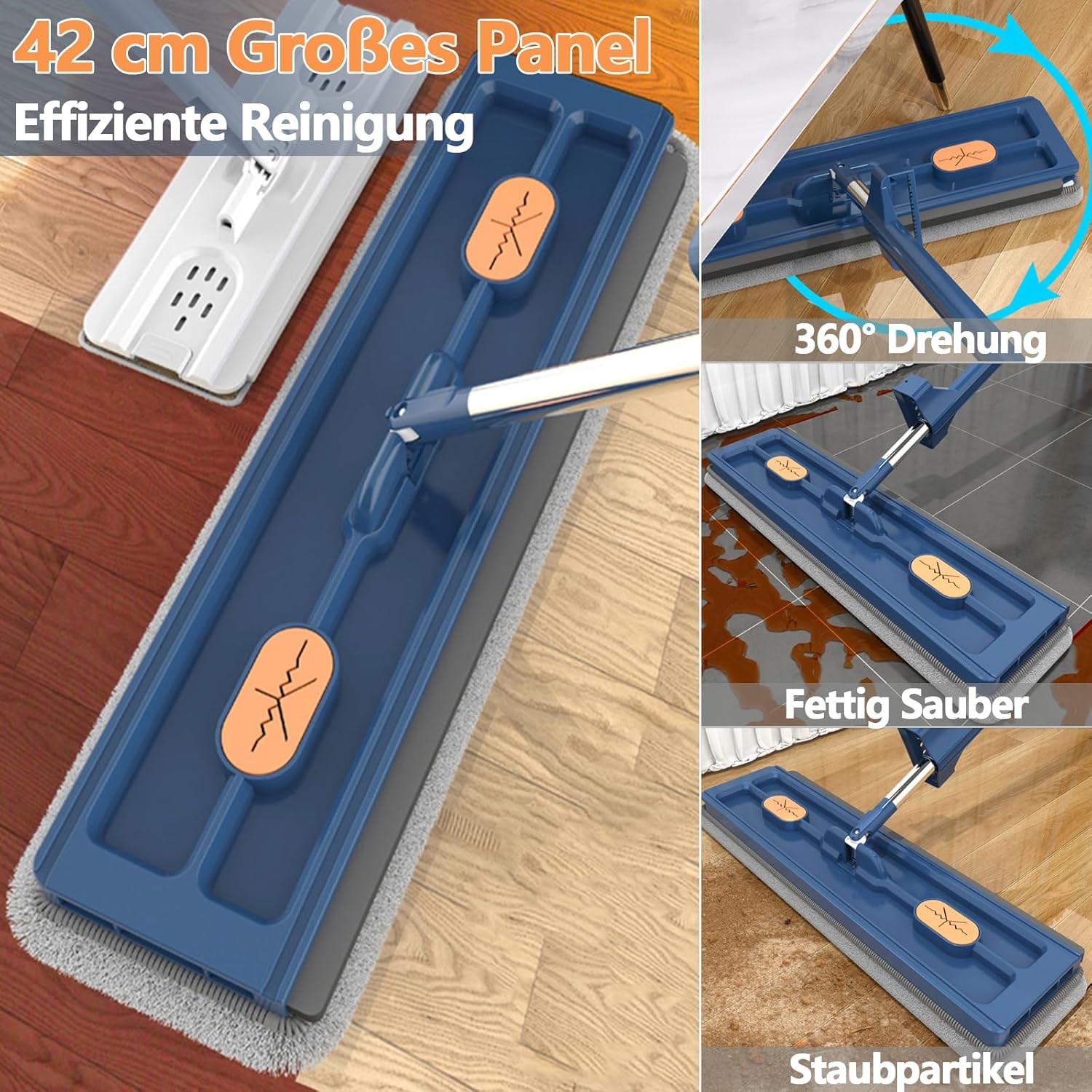 Large Flat Mop with 360° Rotatable Wringing Function, Microfiber Pads for Hardwood Blue + 2 rags