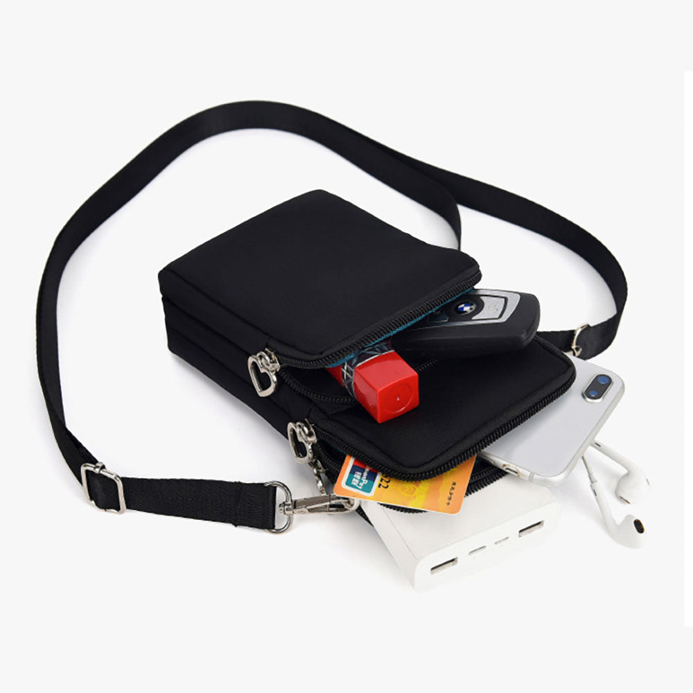 Mobile Phone Bag with Shoulder Strap in Durable Nylon and Polyester - Black