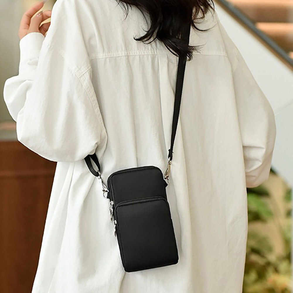 Mobile Phone Bag with Shoulder Strap in Durable Nylon and Polyester - Black