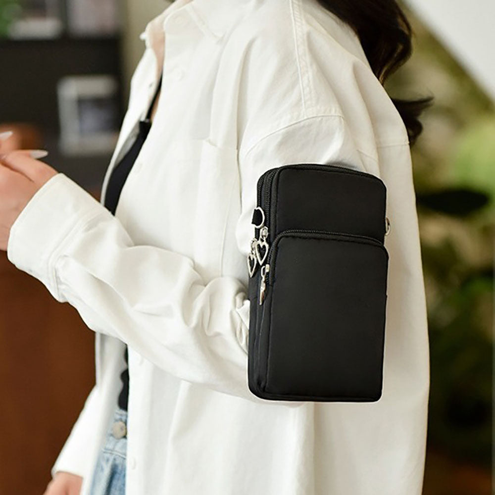 Mobile Phone Bag with Shoulder Strap in Durable Nylon and Polyester - Black