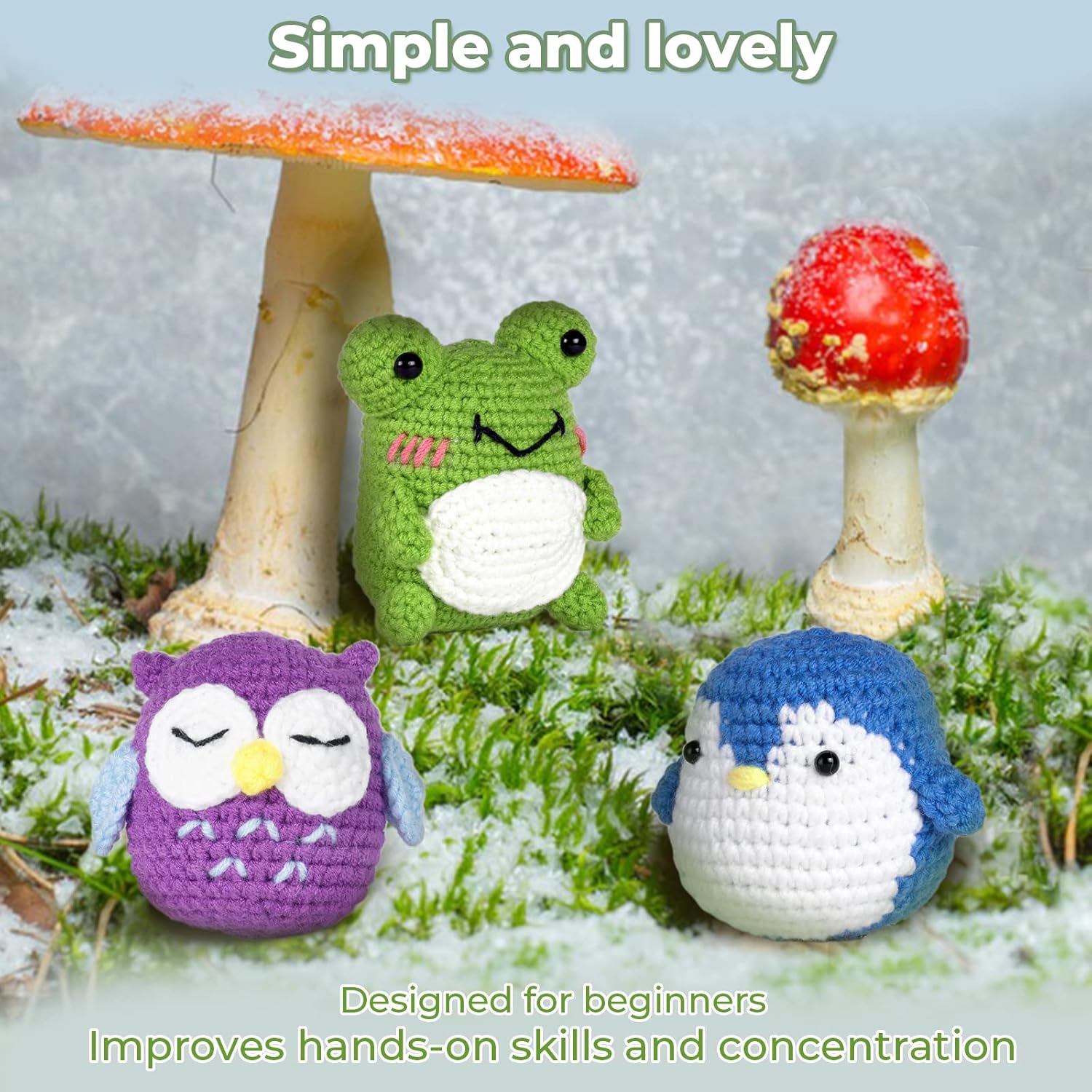 Crochet Kit for Beginners, 3 Pattern Animals - Owl, Penguin, Frog, Knitting Kit for Kids with Step-by-Step Video Tutorial and Yarn, Crochet Hook, Accessories