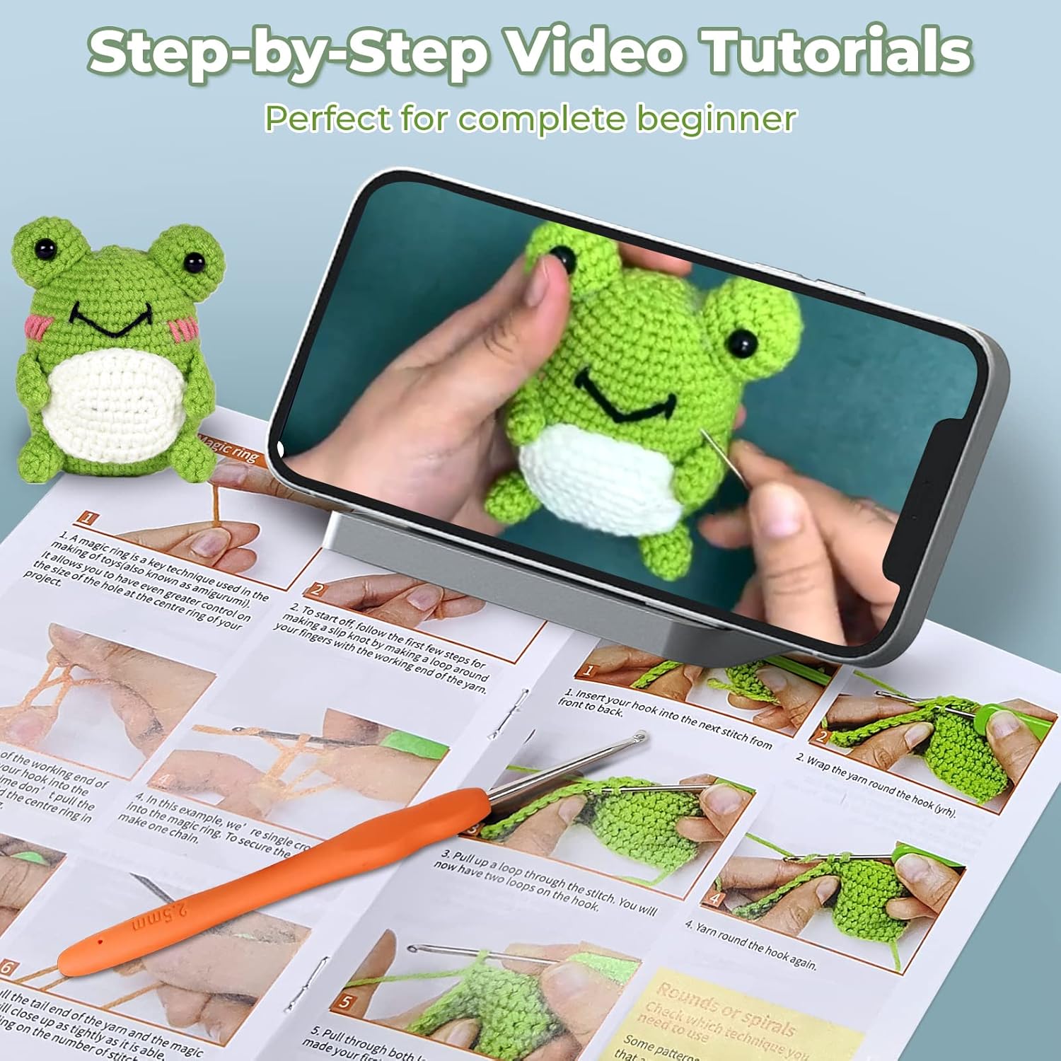 Crochet Kit for Beginners, 3 Pattern Animals - Owl, Penguin, Frog, Knitting Kit for Kids with Step-by-Step Video Tutorial and Yarn, Crochet Hook, Accessories