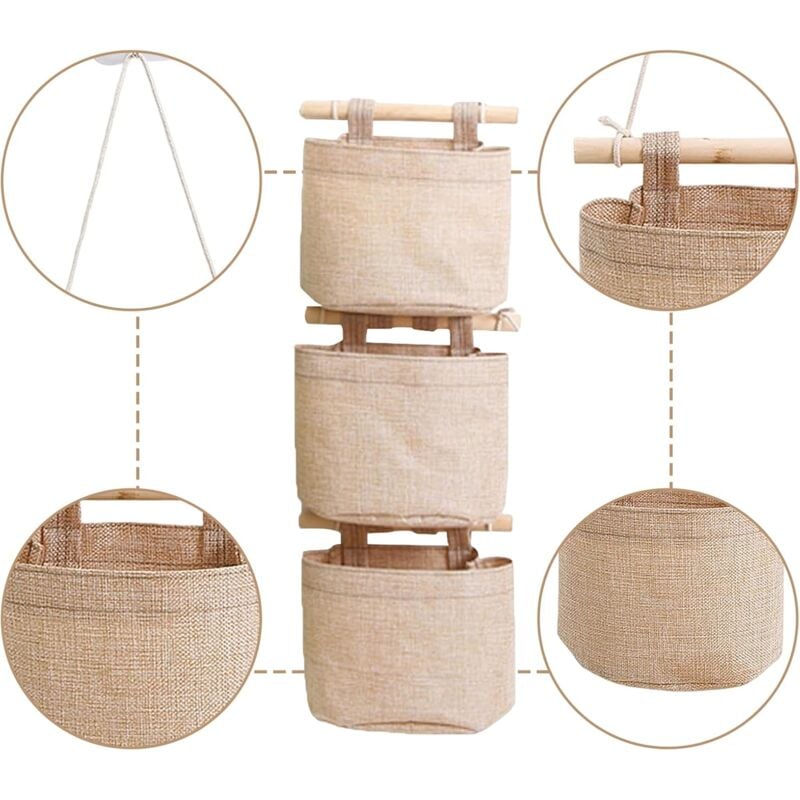 Hanging Storage Bag with Pockets 3 Layers Cotton Linen Canvas Hanging Storage Bag on Wall Door Organizer for Bedroom Bathroom