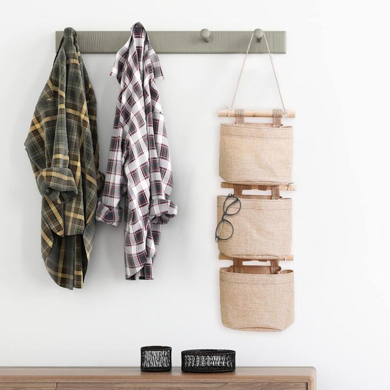 Hanging Storage Bag with Pockets 3 Layers Cotton Linen Canvas Hanging Storage Bag on Wall Door Organizer for Bedroom Bathroom