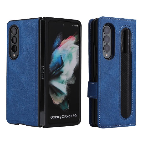 Full Protective Magnetic Leather Case Compatible with Samsung Galaxy Z Fold 3 with Card Slot Stand. Blue