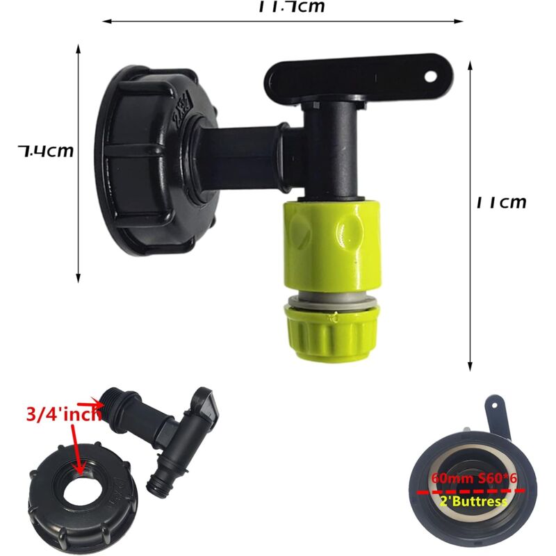 1000L Plastic Tank Faucet with Garden Hose Connector, IBC Tank Faucet Adapter, 3/4 Inch Thread Connection for Rainwater Collector, Fuel Tank