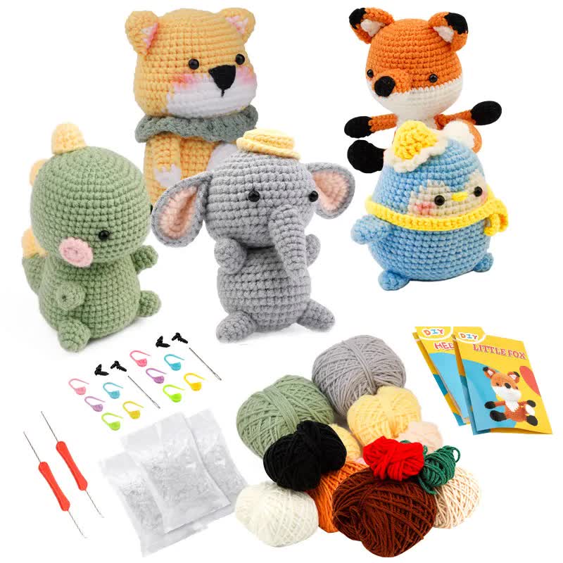 4-Piece DIY Crochet Kit for Animals with Hand Knitting Yarn, Needles, Plush Doll, Easy for Beginners, Includes Enough Yarn and Hook Accessories