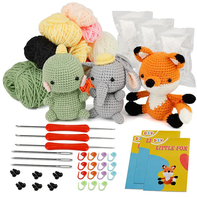 4-Piece DIY Crochet Kit for Animals with Hand Knitting Yarn, Needles, Plush Doll, Easy for Beginners, Includes Enough Yarn and Hook Accessories