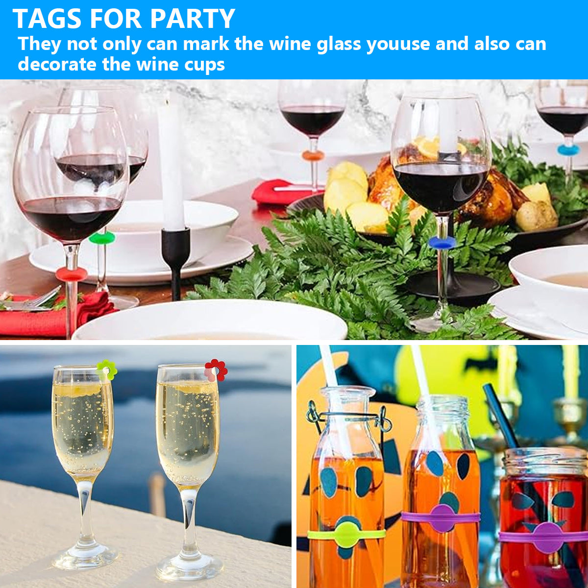 60 pcs glass markers, silicone glass marker drinking glass colorful wine glass markers reusable wine glass markers wine marker