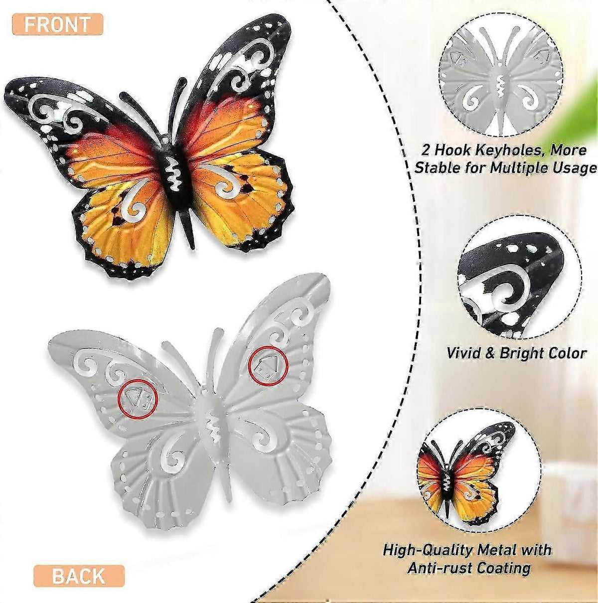 10.6\" Metal Butterfly Wall Decor, Butterflies Indoor Outdoor Hanging Wall Art for Patio Garden Yard Fence Home Living Room