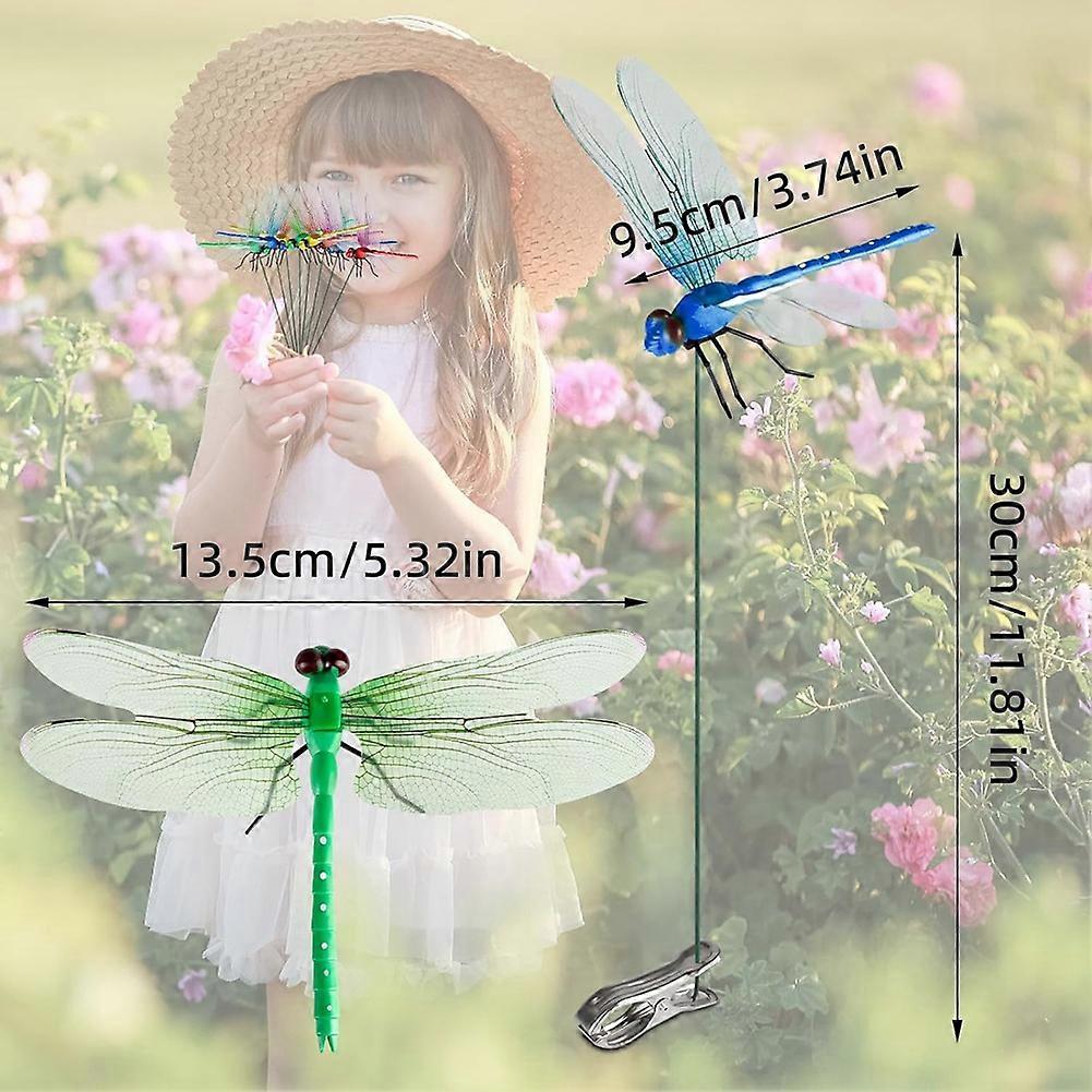 12pcs Artificial Dragonfly Clips for Outdoor Use 3D Dragonfly Decor Gardening, 3D Dragonfly Garden Decorative Clips [DB] As Shown