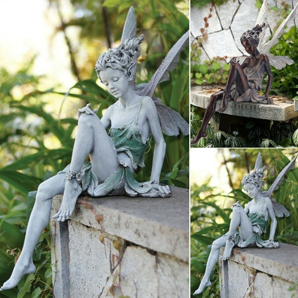 Resin Sitting Fairy Statue Garden Ornament Porch Sculpture White