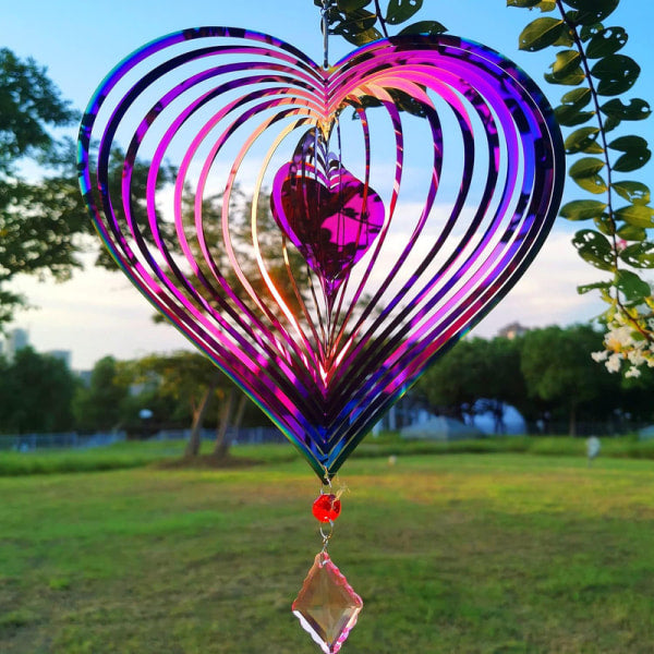 Metal wind chime, hanging garden decoration, stainless steel, heart pattern, spin with 360° rotating hook, 37x20 cm