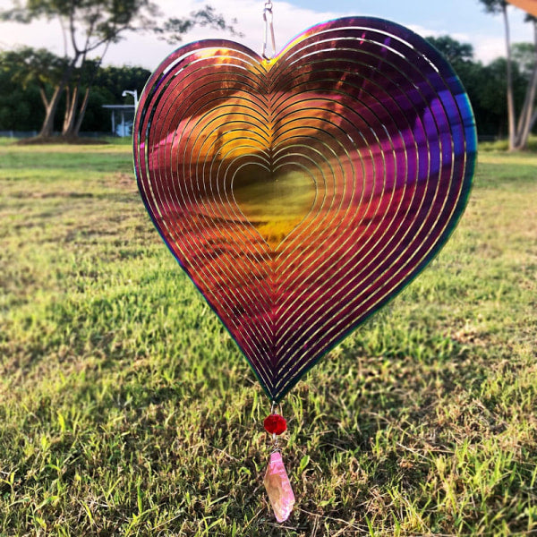 Metal wind chime, hanging garden decoration, stainless steel, heart pattern, spin with 360° rotating hook, 37x20 cm