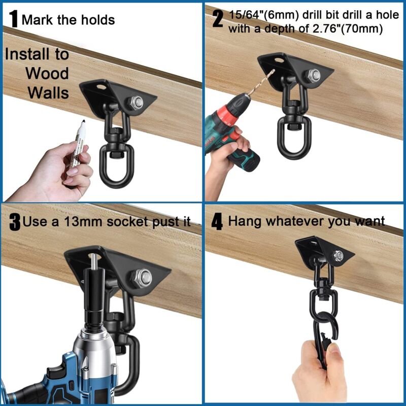 360° Swivel Hanging Chair Ceiling Mount, Swing, Suspension, Hook with Screws for Concrete, Wood, Playground, Porch, Trapeze Seat, Yoga