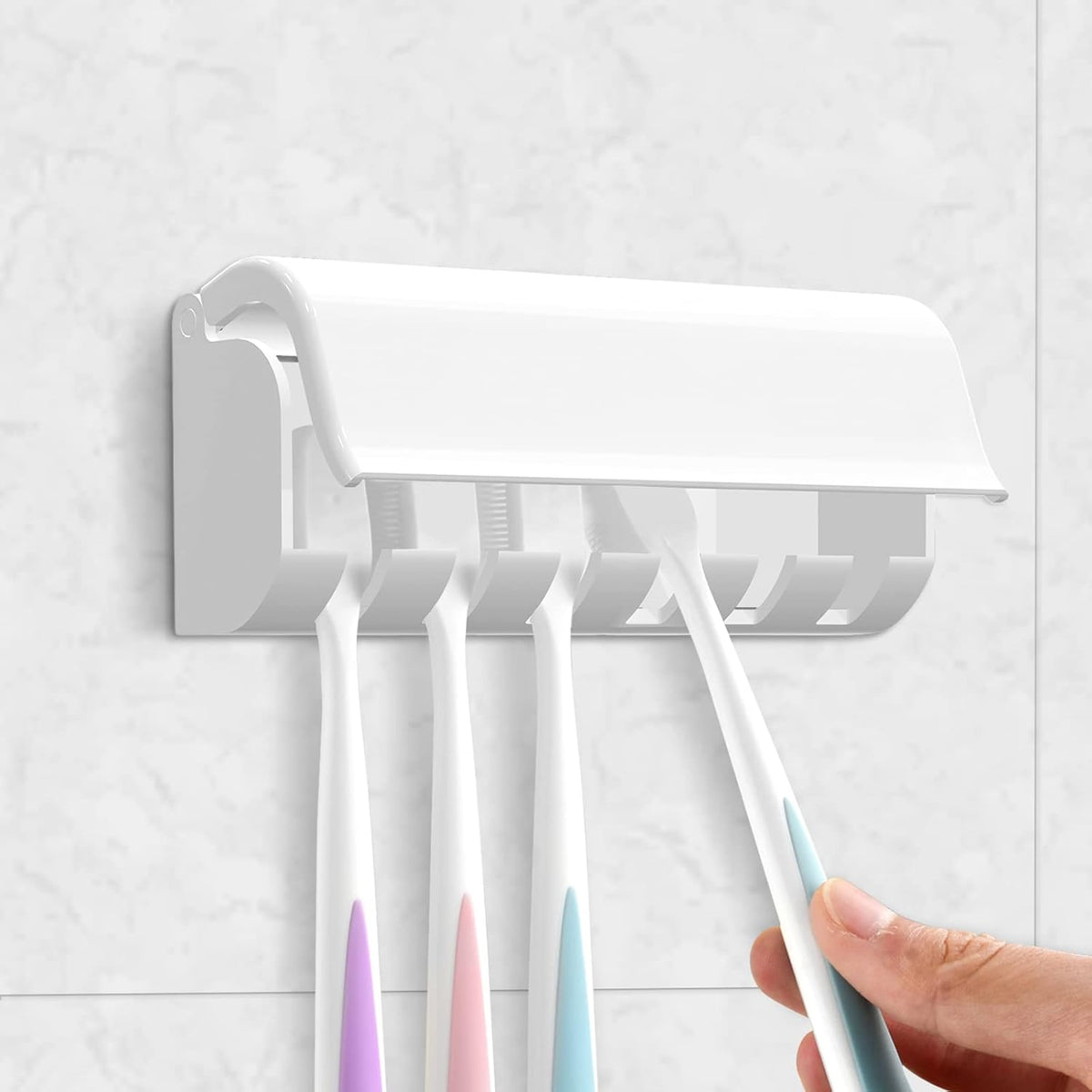 Wall-mounted toothbrush holder with 6 compartments and self-adhesive