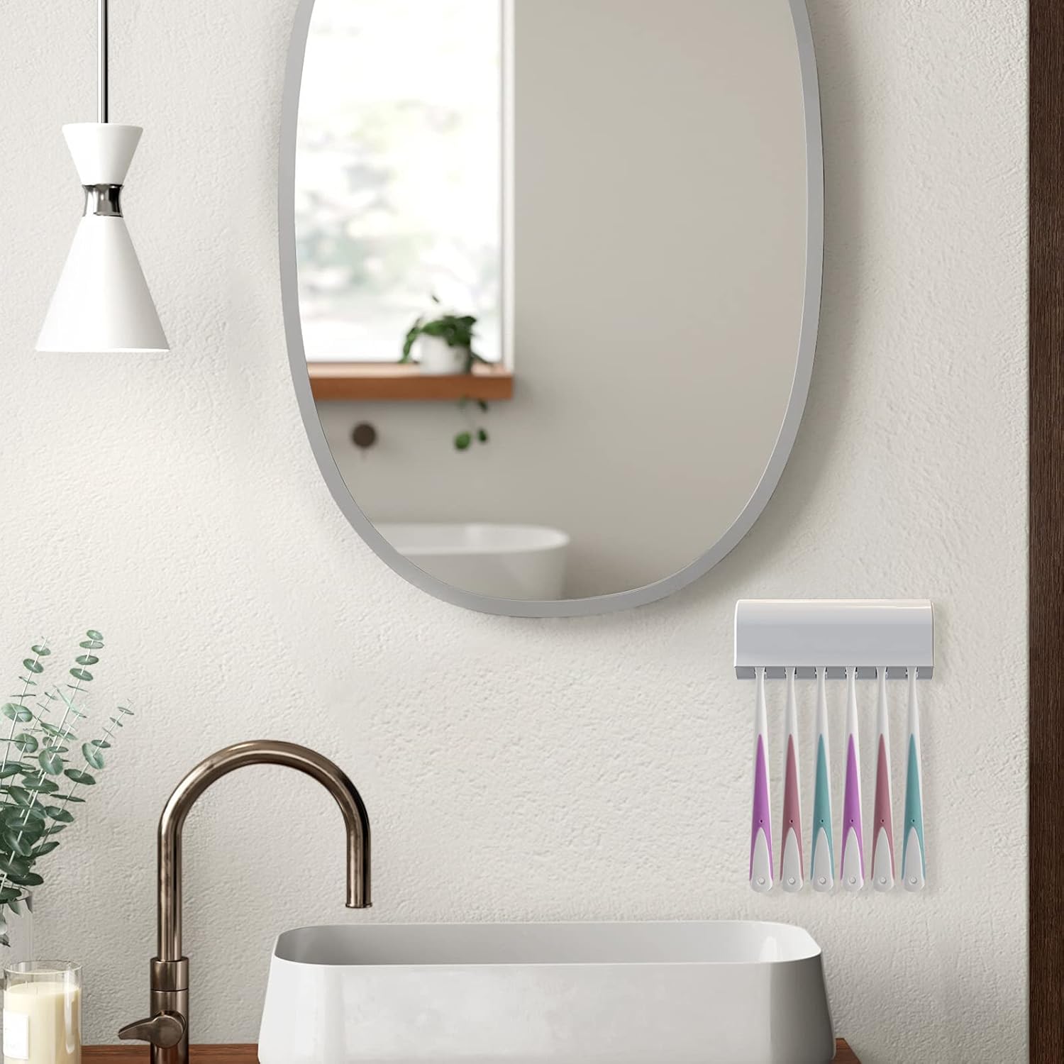 Wall-mounted toothbrush holder with 6 compartments and self-adhesive