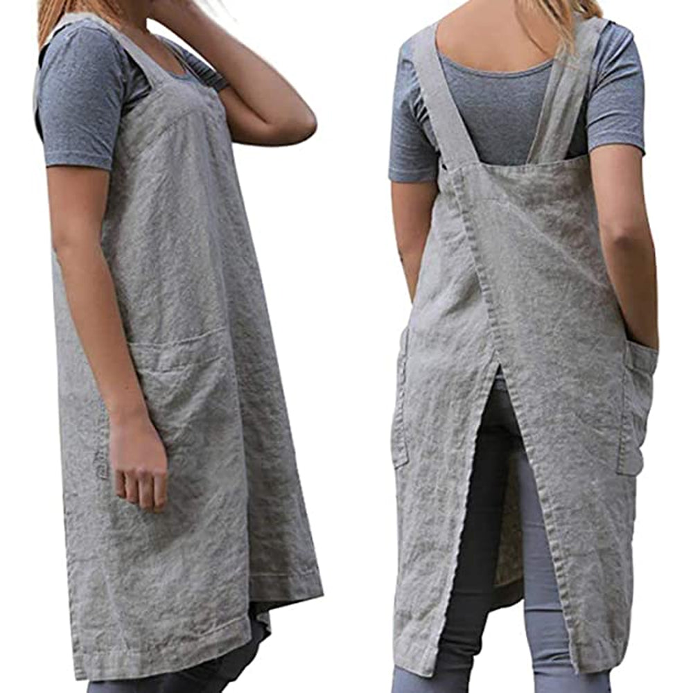 Women's Cotton and Linen Apron with Cross Back and Large Pocket, Gray, M