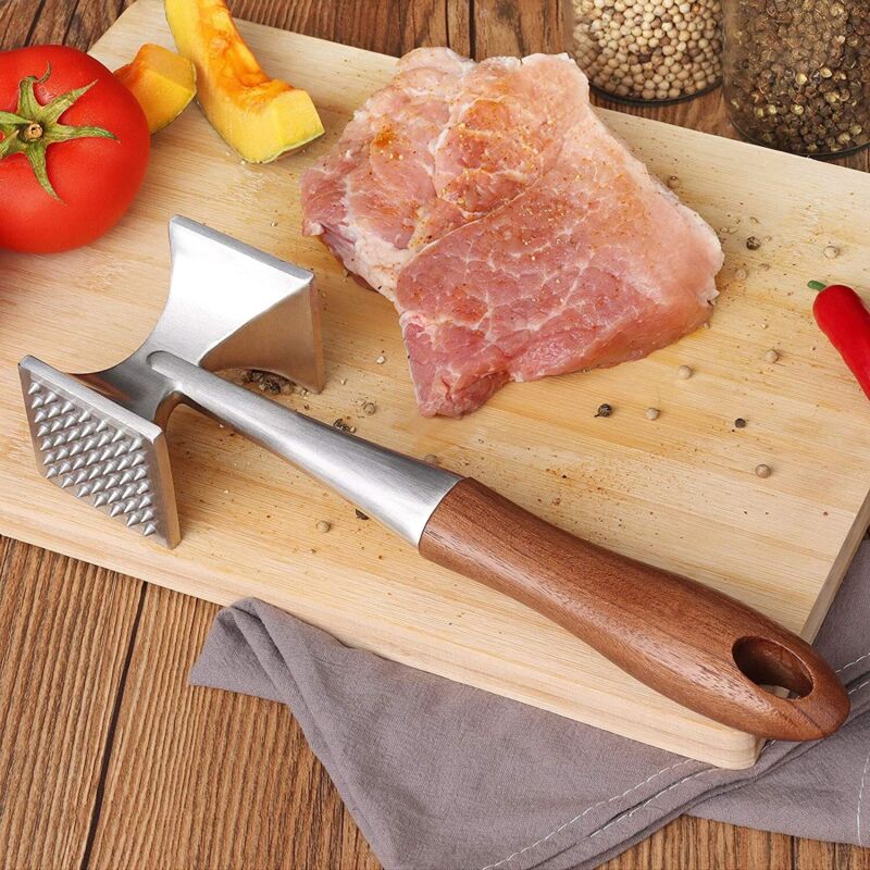 Meat Mallet, Heavy Duty Meat Tenderizer, Steak Mallet with Wooden Handle and Food Grade Zinc Alloy, 2 in 1 Kitchen Mallet, 26 CM