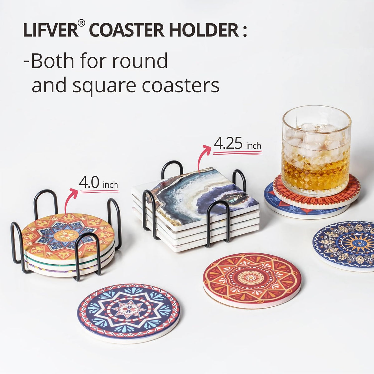 Minimalist Black Iron Metal Coaster Holder for Both Round and Square Coasters