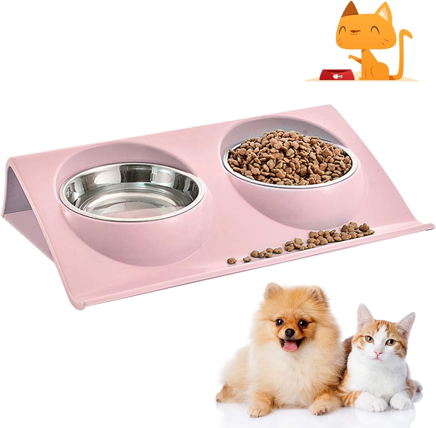 Cat food bowl, double cat food bowl, stainless steel cat bowl, non-slip, cat food bowls, stainless steel cat bowl set, cat food bowl