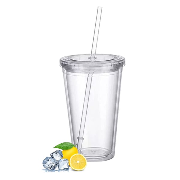 Reusable Plastic Cups Double Walled Transparent Drinking Cup with Straw Reusable Cups Suitable for Fruit Juice-max