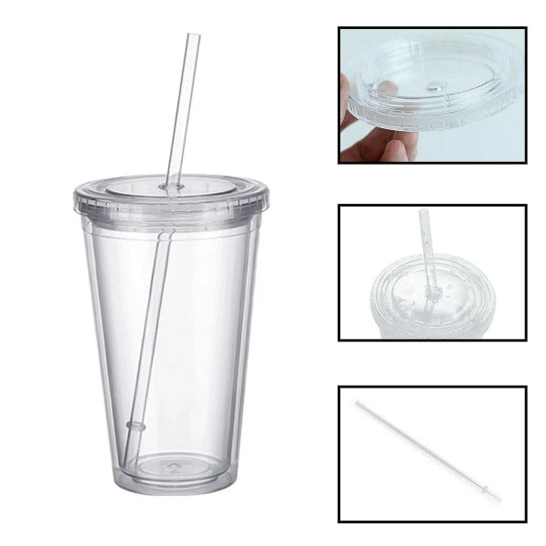 Reusable Plastic Cups Double Walled Transparent Drinking Cup with Straw Reusable Cups Suitable for Fruit Juice-max