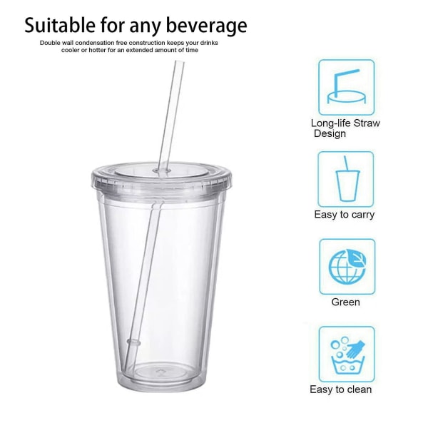 Reusable Plastic Cups Double Walled Transparent Drinking Cup with Straw Reusable Cups Suitable for Fruit Juice-max