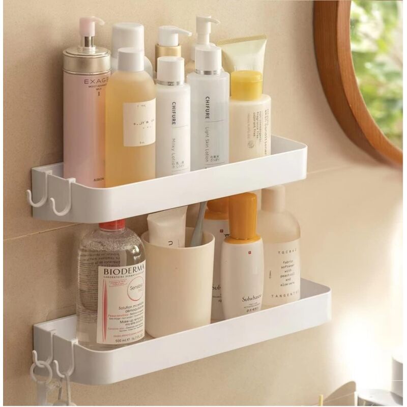 Set of 2 shower shelves, shower shelf without drilling, wall shelf with 6 removable hooks, for bathroom, kitchen, white