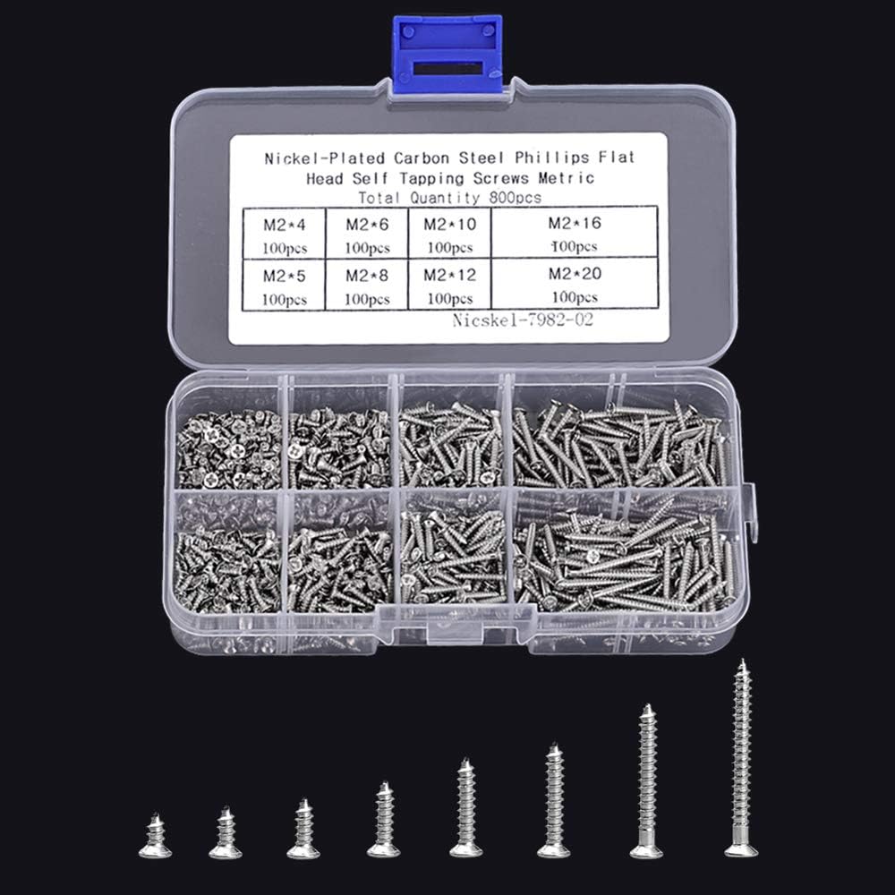 800pcs Small M2 Self Tapping Screws Assortment Box, Countersunk Phillips Flat Head Wood Screws (M2-4mm 5mm 6mm 8mm 10mm 12mm 16mm 20mm)