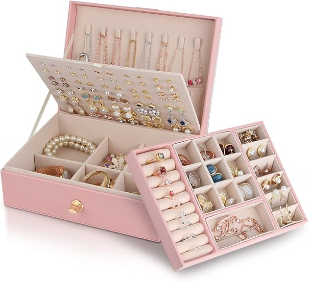 Jewelry Box for Storing Necklaces, Earrings, Bracelets and Rings, Large PU Leather with 3 Layers Stackable Jewelry Box, Pink Pink-tfrf Pink