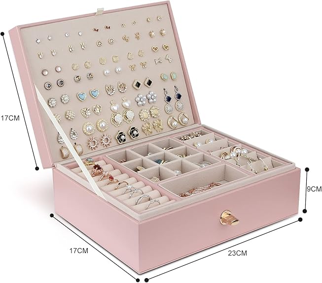 Jewelry Box for Storing Necklaces, Earrings, Bracelets and Rings, Large PU Leather with 3 Layers Stackable Jewelry Box, Pink Pink-tfrf Pink