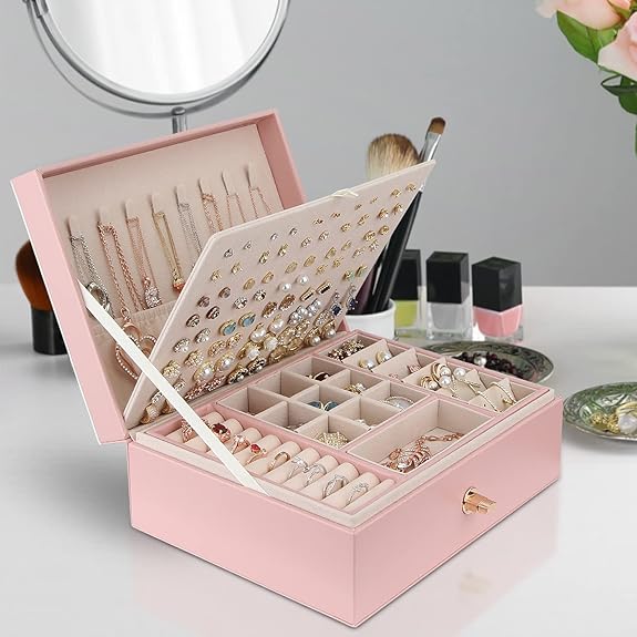 Jewelry Box for Storing Necklaces, Earrings, Bracelets and Rings, Large PU Leather with 3 Layers Stackable Jewelry Box, Pink Pink-tfrf Pink