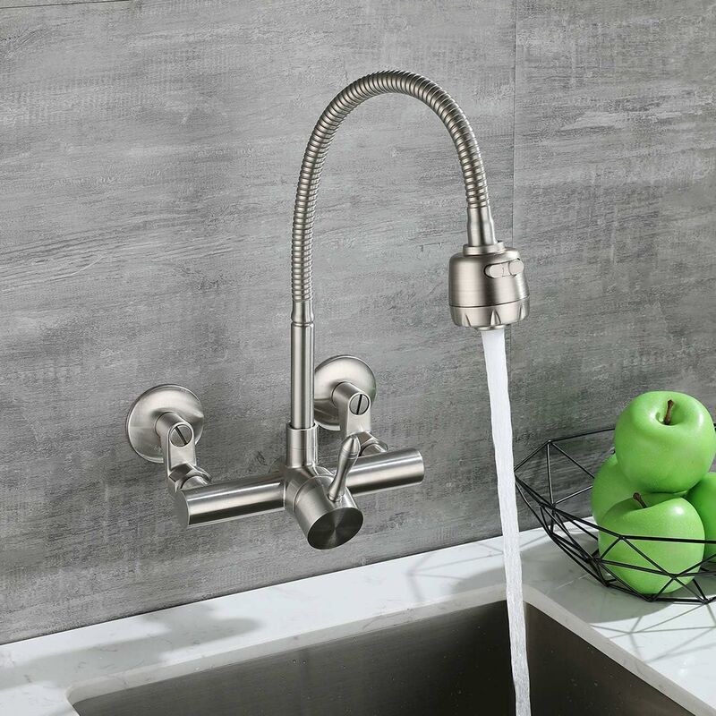 Wall Mounted Kitchen Faucet, Food Grade 304 Stainless Steel Material, 360° Rotatable Wall Mounted Kitchen Faucet 12CM-18CM Mounting Hole